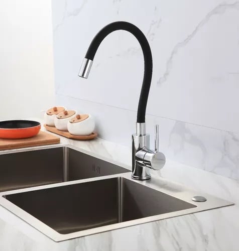 Monocomando Pico Flexible Cocina Negro Acero Inox. Koen