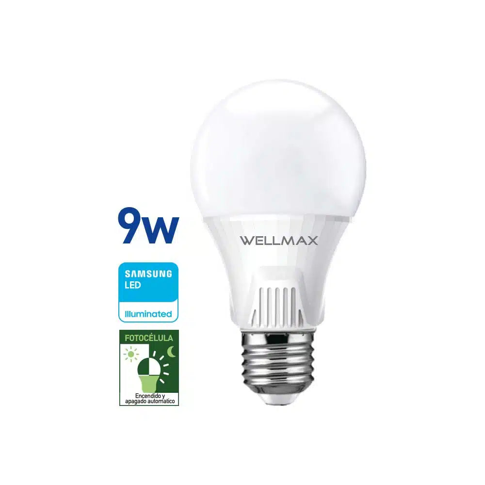 Lámpara Led 9W c/Fotocelula (equi 75w) A60-E27 Fria Wellmax