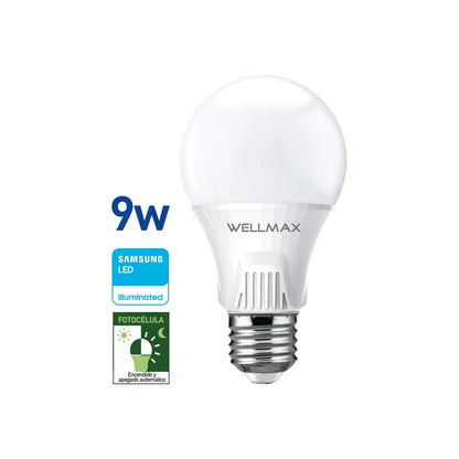 Lámpara Led 9W c/Fotocelula (equi 75w) A60-E27 Fria Wellmax