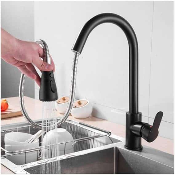 Monocomando Pico Extensible Mesada Acero Inox. Negro. Koen