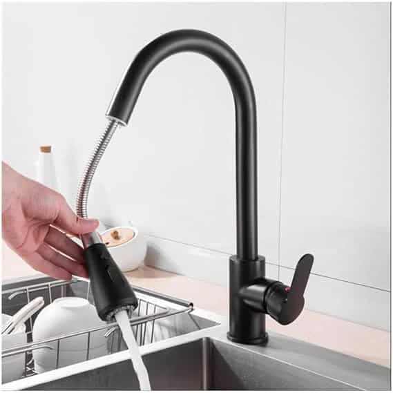 Monocomando Pico Extensible Mesada Acero Inox. Negro. Koen